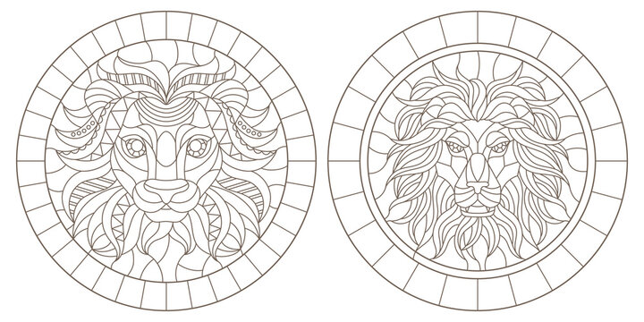 Set of contour illustrations of stained glass Windows with lion heads, on a white background, round images