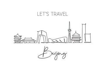 Naklejka premium One continuous line drawing of Beijing city skyline, China. Beautiful landmark. World landscape tourism travel vacation poster art. Editable stylish stroke single line draw design vector illustration
