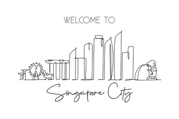 Single continuous line drawing of Singapore city skyline. Famous city scraper and landscape. World travel concept home decor wall print poster art. Modern one line draw design vector illustration - obrazy, fototapety, plakaty