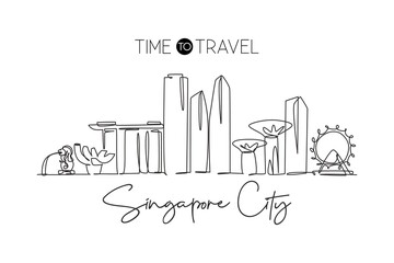 One continuous line drawing of Singapore city skyline. Beautiful landmark. World landscape tourism and travel vacation poster print. Editable stylish stroke single line draw design vector illustration