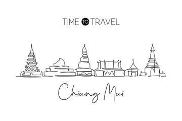 One continuous line drawing Chiang Mai city skyline, Thailand. Beautiful landmark. World landscape tourism travel vacation poster. Editable stylish stroke single line draw design vector illustration