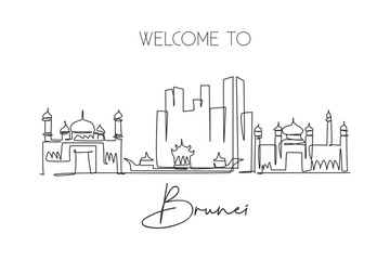 Fototapeta premium One single line drawing of Bandar Seri Begawan city skyline, Brunei Darussalam. Town landscape in the world. Best holiday destination. Editable stroke continuous line draw design vector illustration