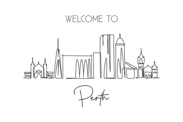 Fototapeta na wymiar One single line drawing of Perth city skyline, Australia. Historical town landscape. Best holiday destination home decor wall art poster print. Trendy continuous line draw design vector illustration