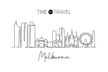 Obraz premium Single continuous line drawing of Melbourne city skyline, Australia. Famous city landscape. World travel concept home wall decor art poster print. Modern one line draw design vector illustration