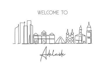 Obraz premium One single line drawing Adelaide city skyline, Australia. Historical town landscape. Best holiday destination home wall decor poster print art. Trendy continuous line draw design vector illustration