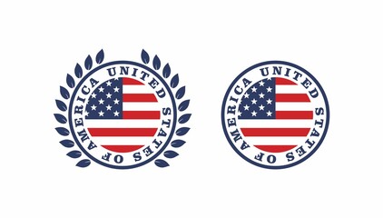 Set of color illustrations American flag, laurel wreath, text on white background.Vector illustration for logo, emblem, sticker, label. Illustration made in the United States of America.