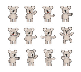 Set of koala bear characters showing various hand gestures. Cute koala pointing, greeting, showint stop hand and other gestures. Vector illustration bundle