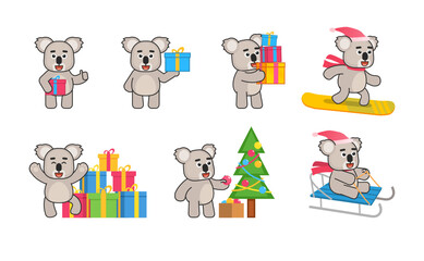 Koala mascot on Christmas holidays set. Cute koala holding gift box, decorating Christmas tree, snowboarding and showing other actions. Vector illustration bundle