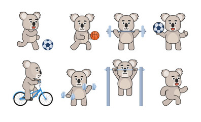 Australian koala mascot in sport, fitness set. Cute koala running, riding bike, playing football, basketball and doing various physical exercises. Vector illustration bundle