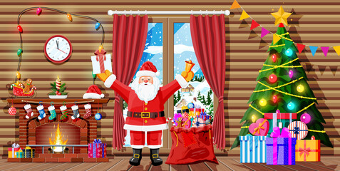 Christmas interior of room with santa claus, tree, window, gifts, decorated fireplace. Happy new year decoration. Merry christmas holiday. New year and xmas celebration. Vector illustration flat style