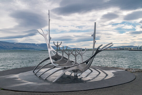 Reykjavik, Iceland - June 21, 2020: Solfar or Sun Voyager sculpture at cloudy morning.