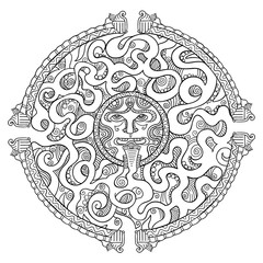 Round Mayan maze game. Puzzle labyrinth path. Ornamental silhouette. Tattoo totem. Hand drawn contour vector line sketch.
