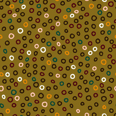 Seamless Scandinavian polka dots pattern. Black, gold, red, white hand-drawn rings on khaki green background. Cozy autumn ornament. Vector circles illustrations for wallpaper, poster, wrapping paper