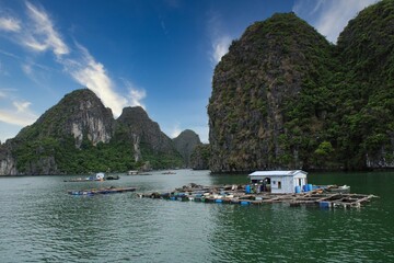 A floating fishing village in between the thousand islands of Halong Bay in Vietnam
