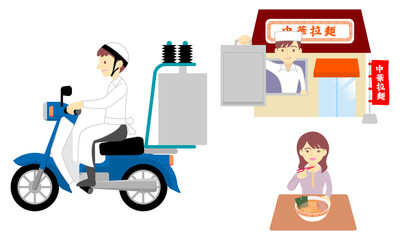ラーメンの出前に関するイラスト／Illustration about the delivery of ramen