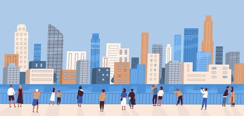 Crowd of people with children at waterfront looking at modern city panorama. Women and men admiring cityscape. Megapolis panoramic view. Flat vector cartoon colorful illustration - obrazy, fototapety, plakaty