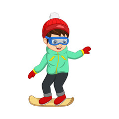 Cute little boy in winter clothes playing a snowboard