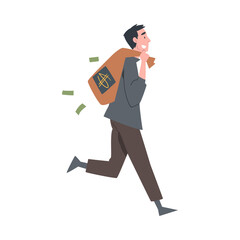 Rich Businessman Running with Bag Full of Money, Wealthy Person, Millionaire Character, Financial Success, Profit, Income Concept Cartoon Style Vector Illustration
