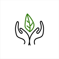 Green leaf, plant in hands isolated icon. Saving nature. Vector illustration.