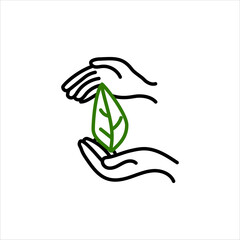 Green leaf, plant in hands isolated icon. Saving nature. Vector illustration.