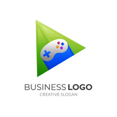 play joy stick, play button and joy stick, combination logo with 3d colorful style