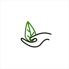 Green leaf, plant in hands isolated icon. Saving nature. Vector illustration.