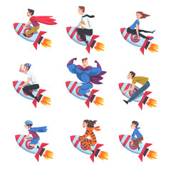 People Flying on Space Rockets Set, Leadership, Achievement, Competition, Success Concept Cartoon Style Vector Illustration