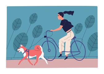 Young woman riding bicycle in park with dog on leash. Female character spending time together with domestic animal outdoors. Scene of active recreation with pet. Flat vector cartoon illustration