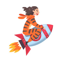 Cute Girl in Tiger Costume Flying on Space Rocket, Successful Achievements of Child Cartoon Style Vector Illustration