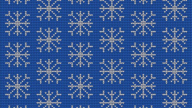 Christmas winter ornament video pattern. Xmas knitted background with falling snowflakes. Looped animation.