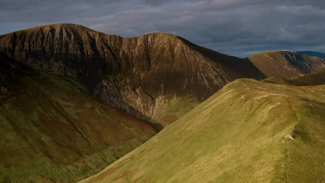 Drone footage during Autumn Winter light of Knott Rigg in the English Lake District, uk.
