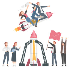 Business Team Building Space Rocket and Flying into the Sky, Leadership, Competitive Advantage, Successful Startup Business Concept Cartoon Style Vector Illustration