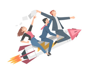 Business Team Flying on Rocket Ship, Leadership, Competitive Advantage, Successful Startup Business Concept Cartoon Style Vector Illustration