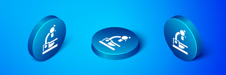 Isometric Microscope icon isolated on blue background. Chemistry, pharmaceutical instrument, microbiology magnifying tool. Blue circle button. Vector.