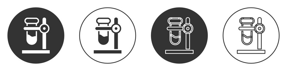Black Glass test tube flask on stand icon isolated on white background. Laboratory equipment. Circle button. Vector.