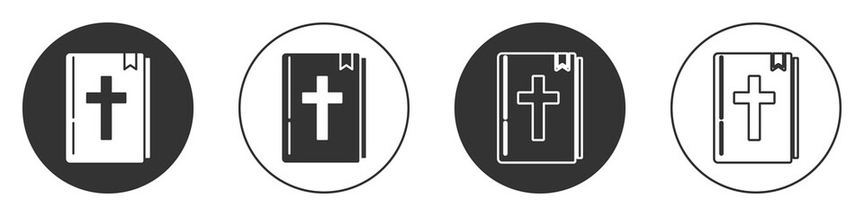 Black Holy bible book icon isolated on white background. Circle button. Vector.