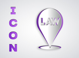 Paper cut Location law icon isolated on grey background. Paper art style. Vector.