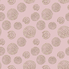 Abstract seamless pattern with 3d golden glittering acrylic paint round spiral circles on pink background