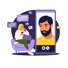 Dating app, application or chat concept. Woman are sitting with big smartphone on the sofa and talking to phone. Flat vector.