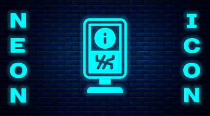 Glowing neon Information stand icon isolated on brick wall background. Vector.