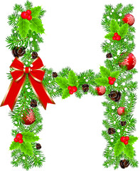 Letter H with decoration for Christmas design and New Year with spruce tree and holly red berries. Creative initial H letter vector. Creative Design vector Font for Title, Header, Lettering, Logo