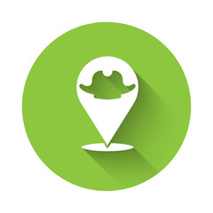 White Location pirate icon isolated with long shadow. Green circle button. Vector.