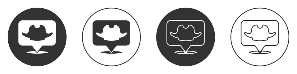 Black Location pirate icon isolated on white background. Circle button. Vector.