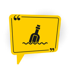 Black Glass bottle with a message in water icon isolated on white background. Letter in the bottle. Pirates symbol. Yellow speech bubble symbol. Vector.