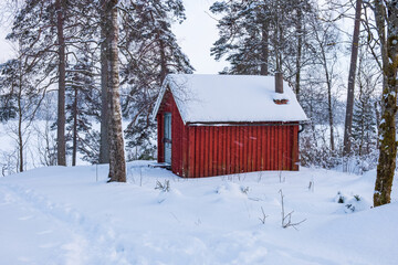 Red little cottage in the forest in snowy weather