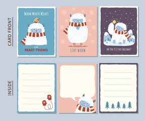 Collection of winter holiday cards featuring cute Yeti character. For card front and coordinated inside designs. Hand drawn style flat vector illustration.