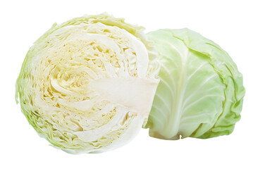 Fototapeta premium Green cabbage with half slice isolated on white background.