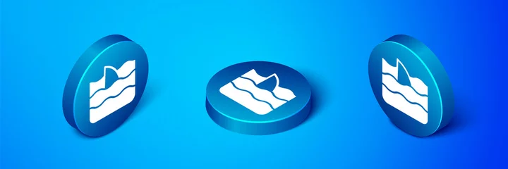 Rolgordijnen Isometric Shark fin in ocean wave icon isolated on blue background. Blue circle button. Vector. © Kostiantyn