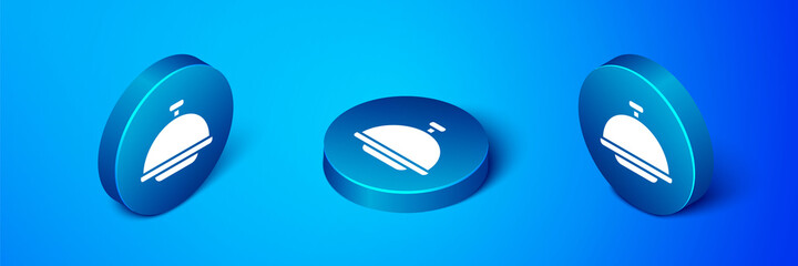 Isometric Covered with a tray of food icon isolated on blue background. Tray and lid sign. Restaurant cloche with lid. Blue circle button. Vector.