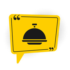 Black Covered with a tray of food icon isolated on white background. Tray and lid sign. Restaurant cloche with lid. Yellow speech bubble symbol. Vector.